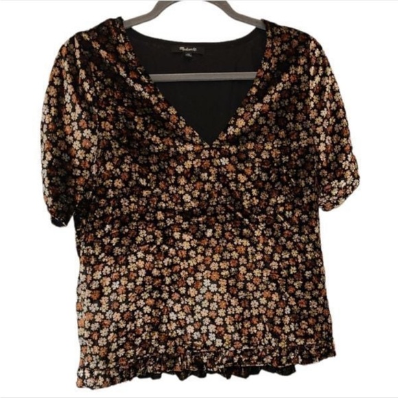 5/$20✨✨Madewell Floral Brown Beige Tan Velvet Ruffle Hem Blouse XS - Picture 4 of 4